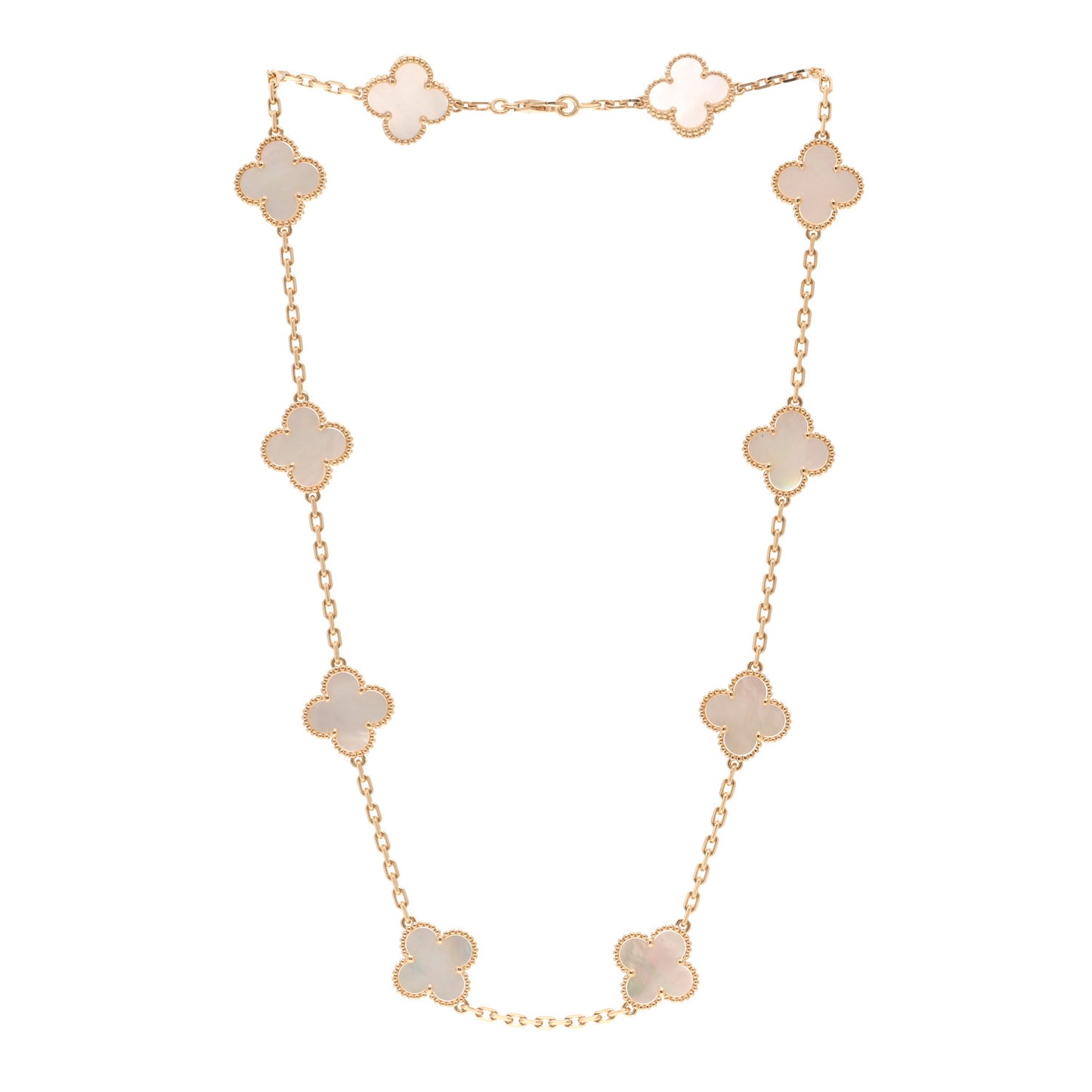 18K Yellow Gold Mother of Pearl 10 Motifs Vintage Alhambra Necklace