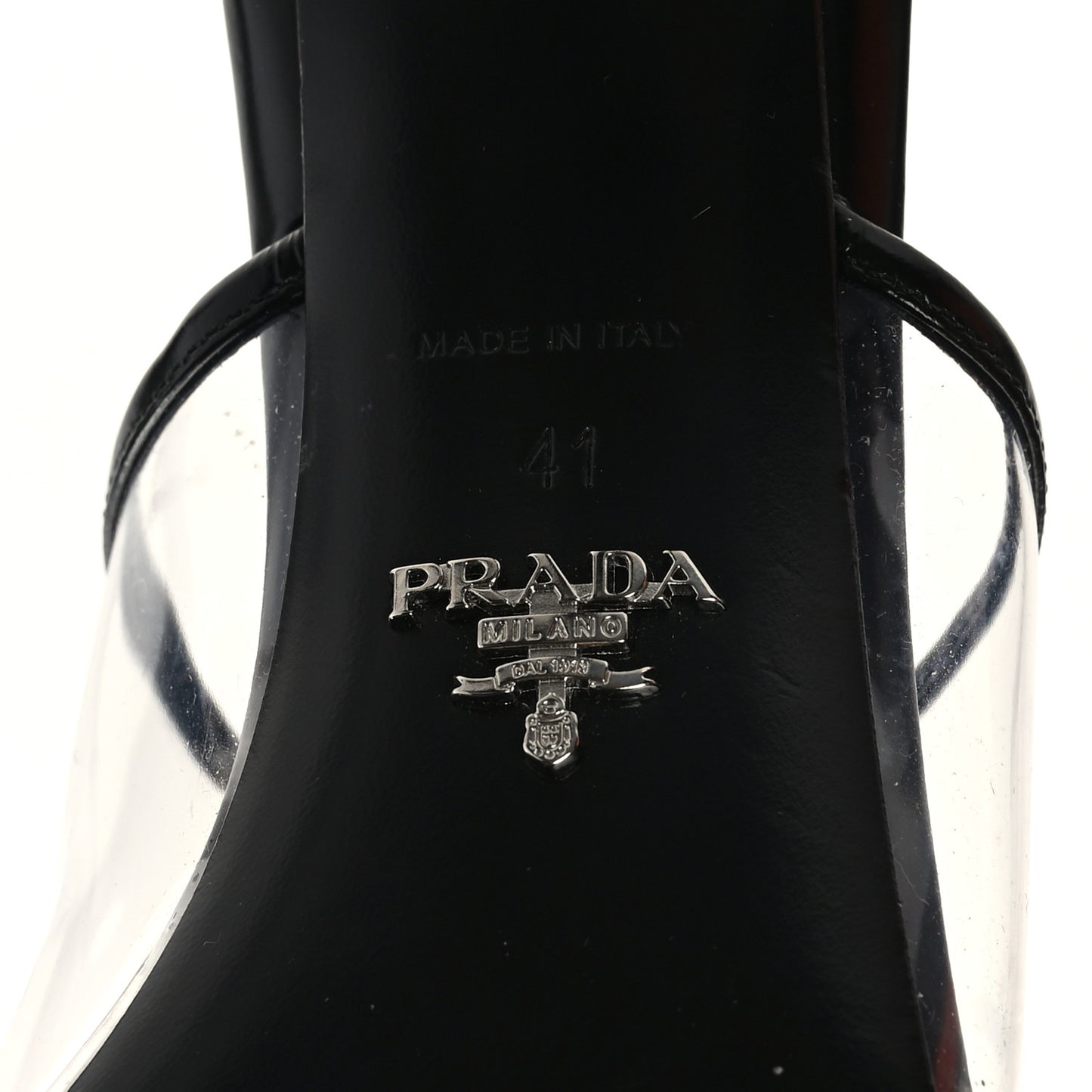 Plexiglass Calfskin Metal Triangle Logo 75mm Slide Sandals 41 Black