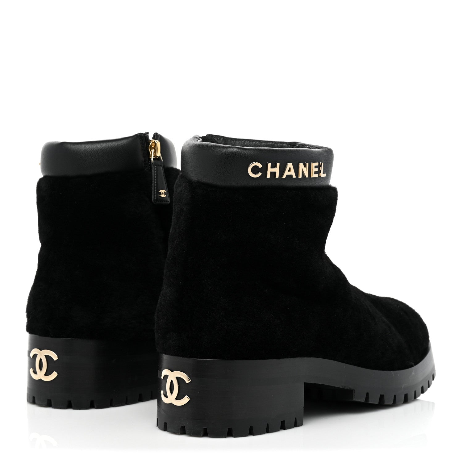 Chanel Shearling Lambskin Logo Ankle Boots 39 Black 5 of 9