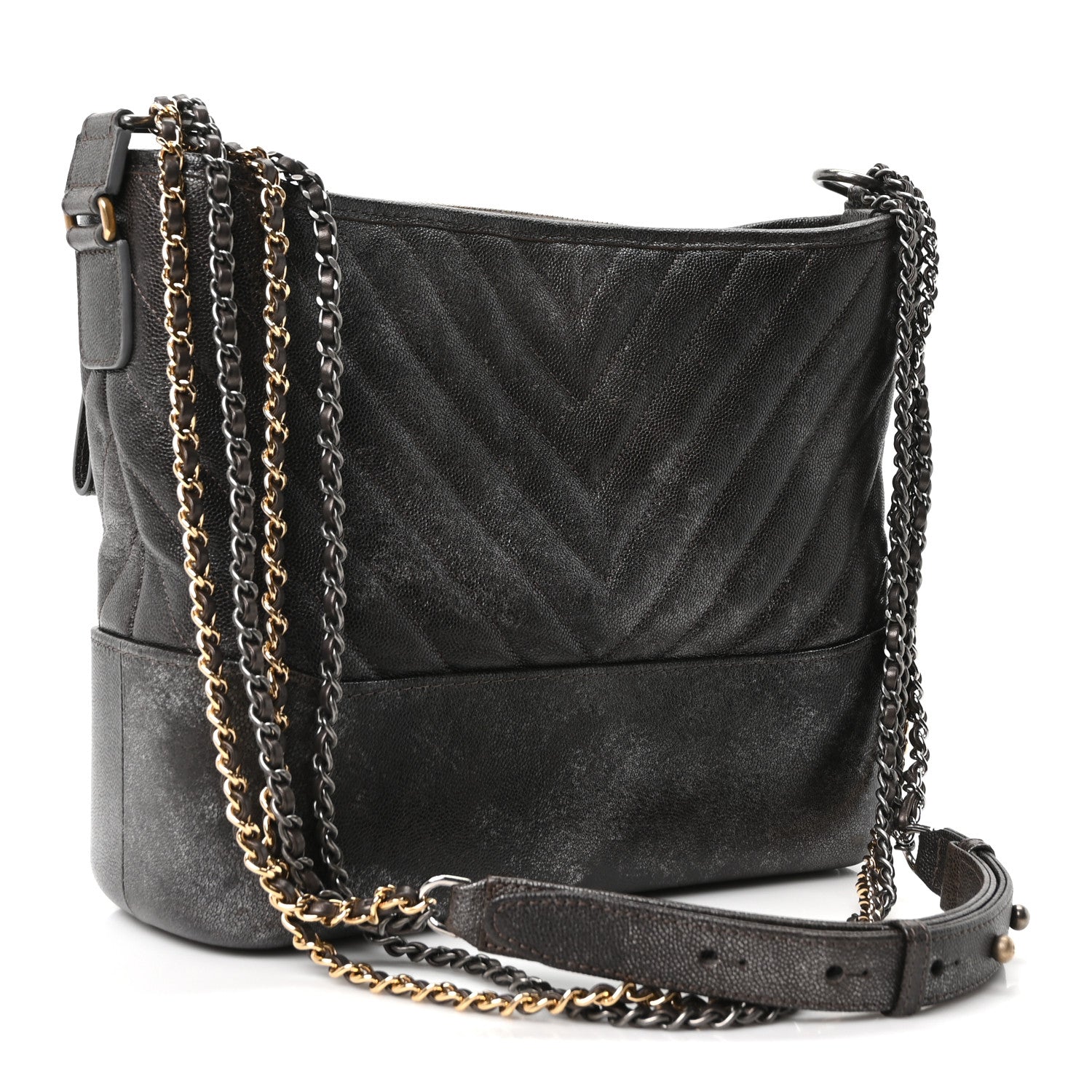 Chanel Metallic Caviar Chevron Quilted Medium Gabrielle Hobo Dark Silver Gold 3 of 11