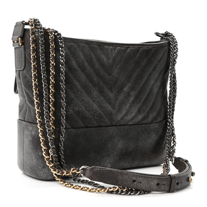 Chanel Metallic Caviar Chevron Quilted Medium Gabrielle Hobo Dark Silver Gold 3 of 11