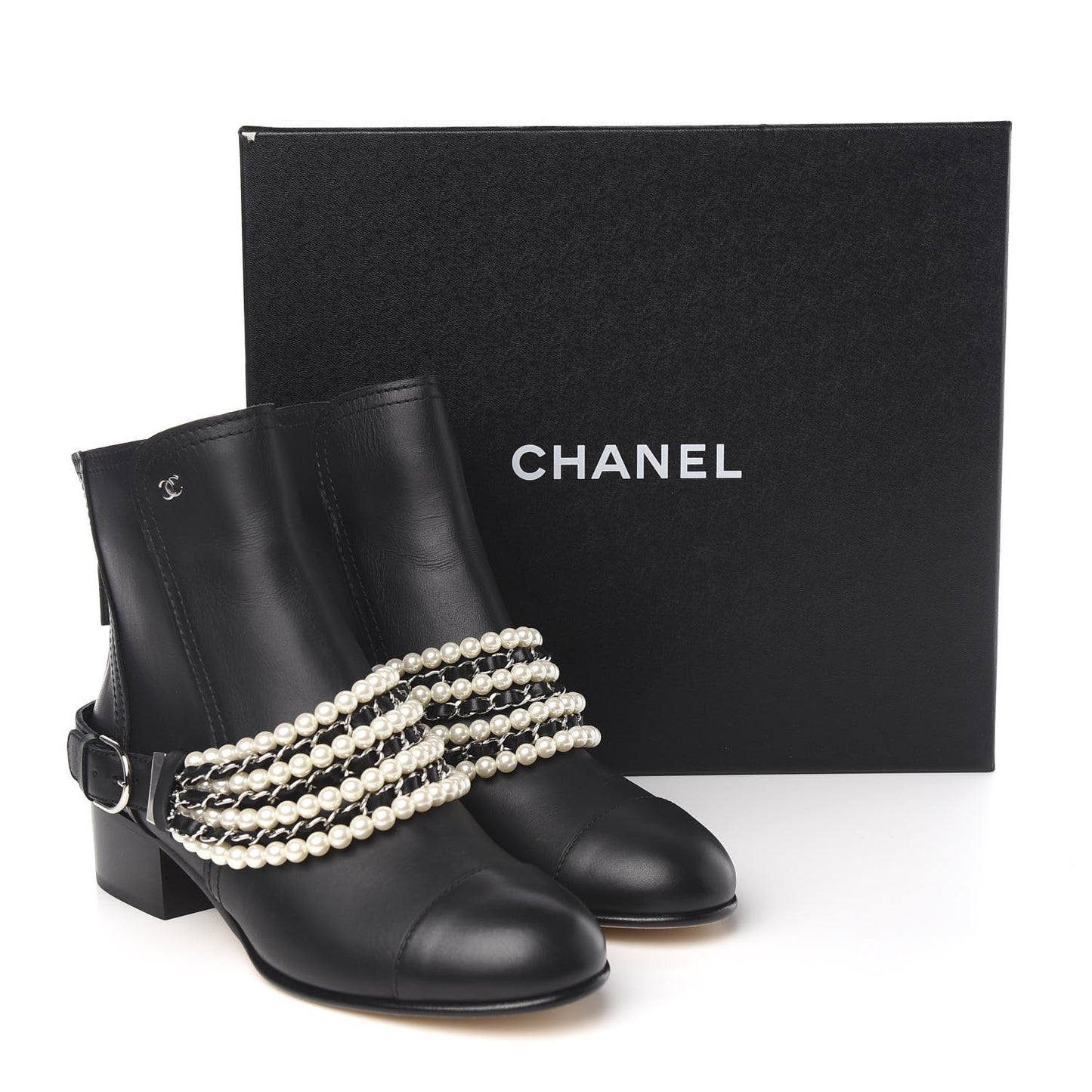 Calfskin Pearl Cap Toe Short Boots 39.5 Black