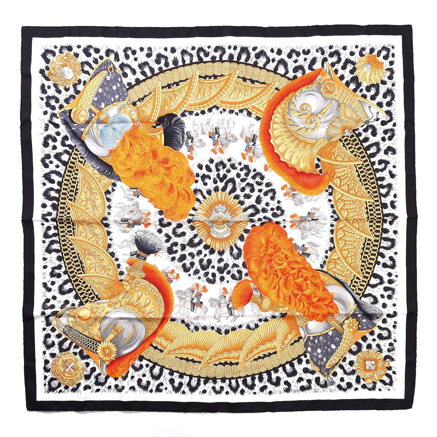 Silk Casques Et Plumets Scarf 90 Noir Blanc Vieil Or