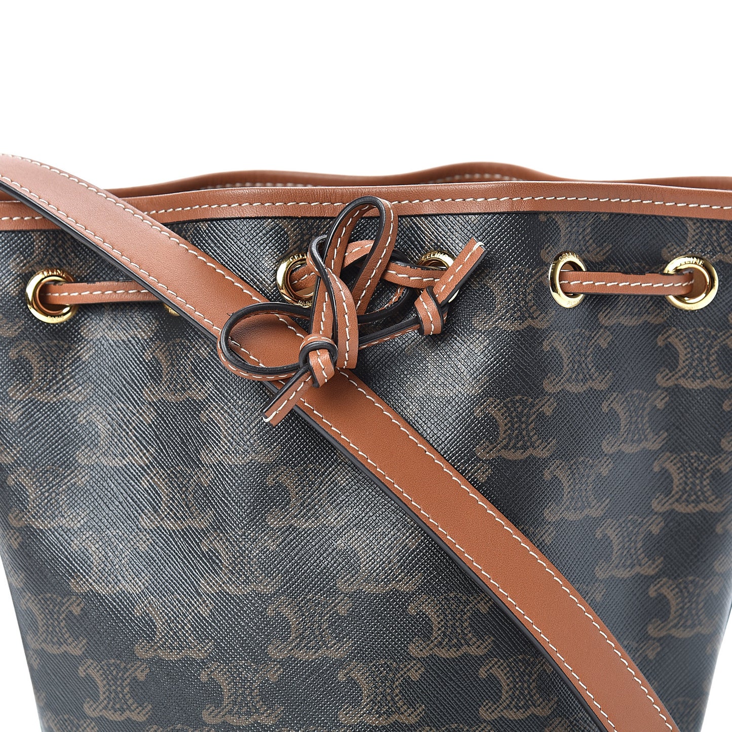 Triomphe Canvas Calfskin Small Drawstring Bucket Bag Tan