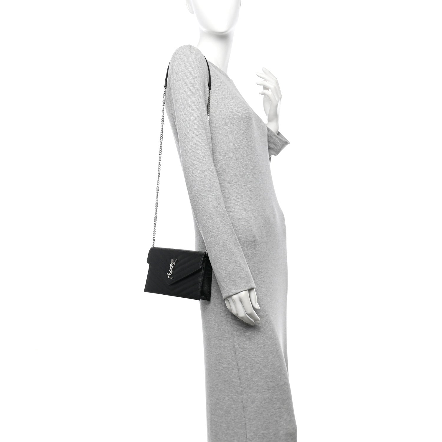 Saint Laurent Grain De Poudre Matelasse Chevron Monogram Envelope Chain Wallet Black 2 of 9