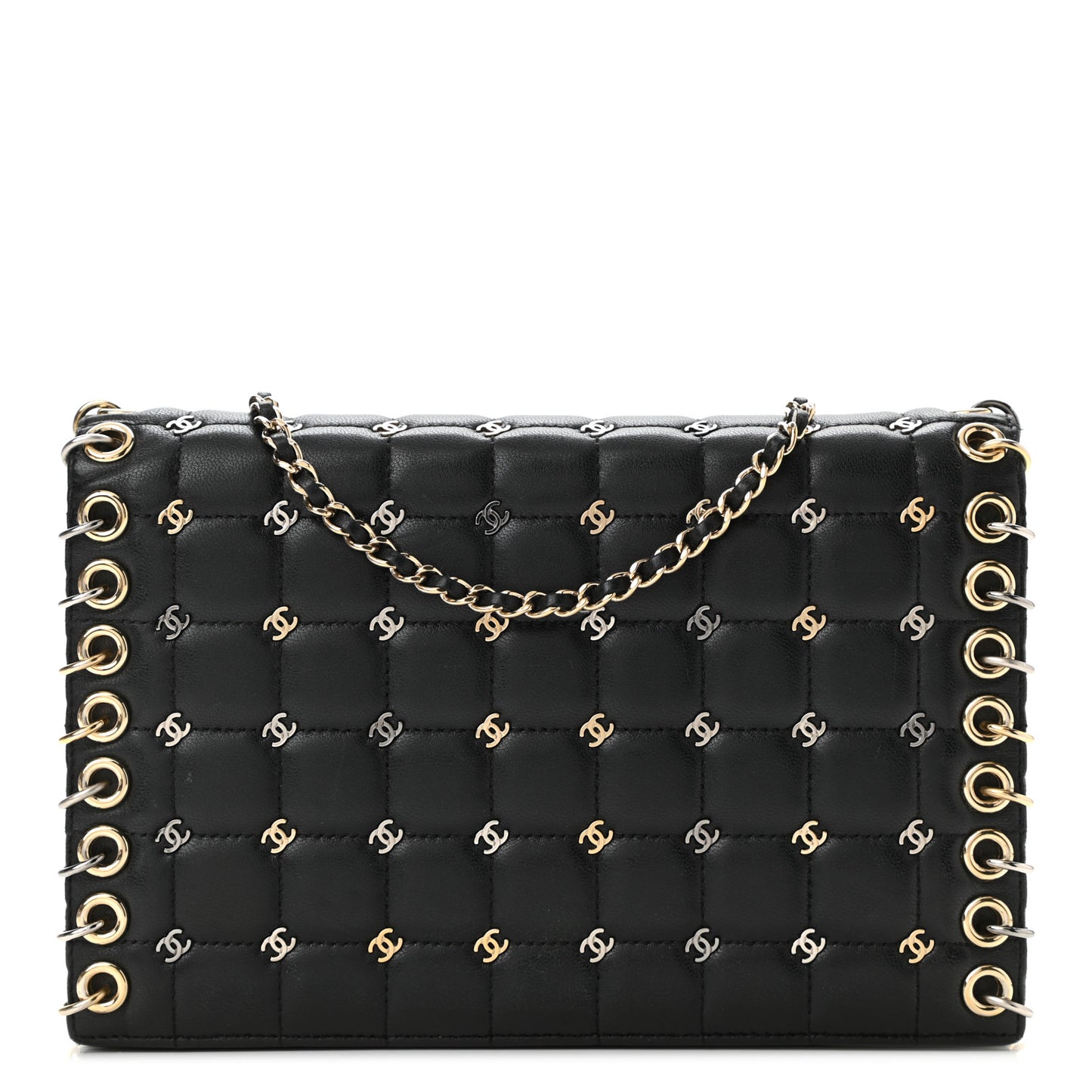 Lambskin Chocolate Bar Piercing CC Studded Small Chain Flap Bag Black