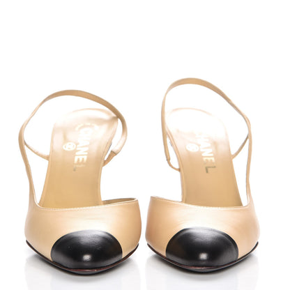 Chanel Lambskin Cap Toe CC Slingback Pumps 39 Beige Black 2 of 8