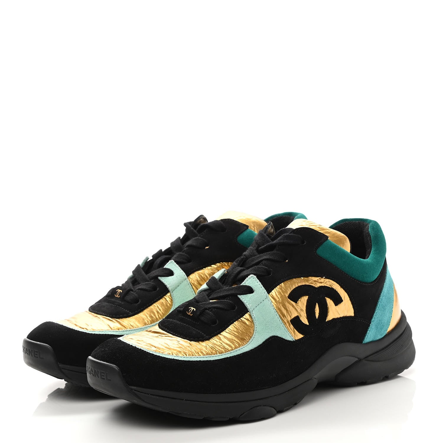 Chanel Fabric Calfskin Suede CC Womens Sneakers 40.5 Black Turquoise Gold 3 of 8