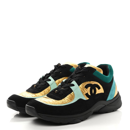 Chanel Fabric Calfskin Suede CC Womens Sneakers 40.5 Black Turquoise Gold 3 of 8