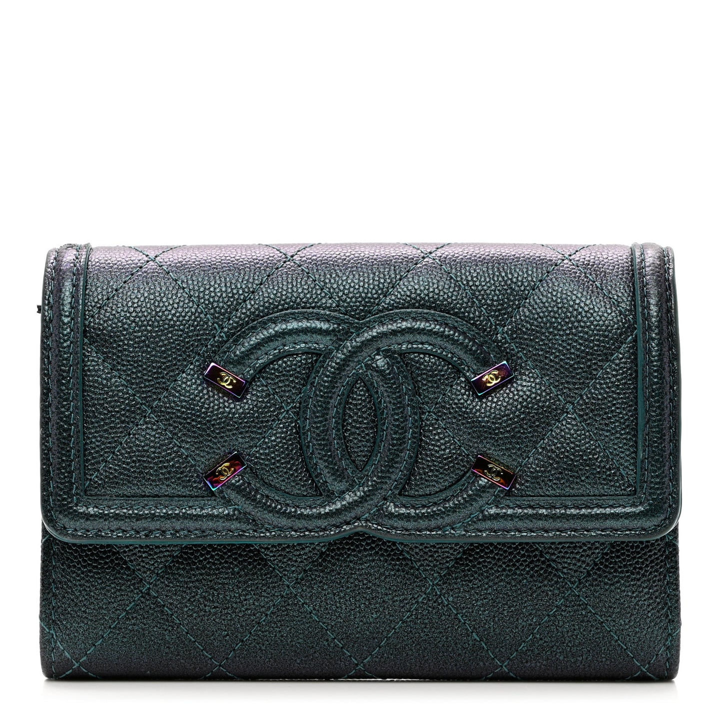 Iridescent Caviar Quilted Medium Filigree Flap Wallet Dark Turquoise