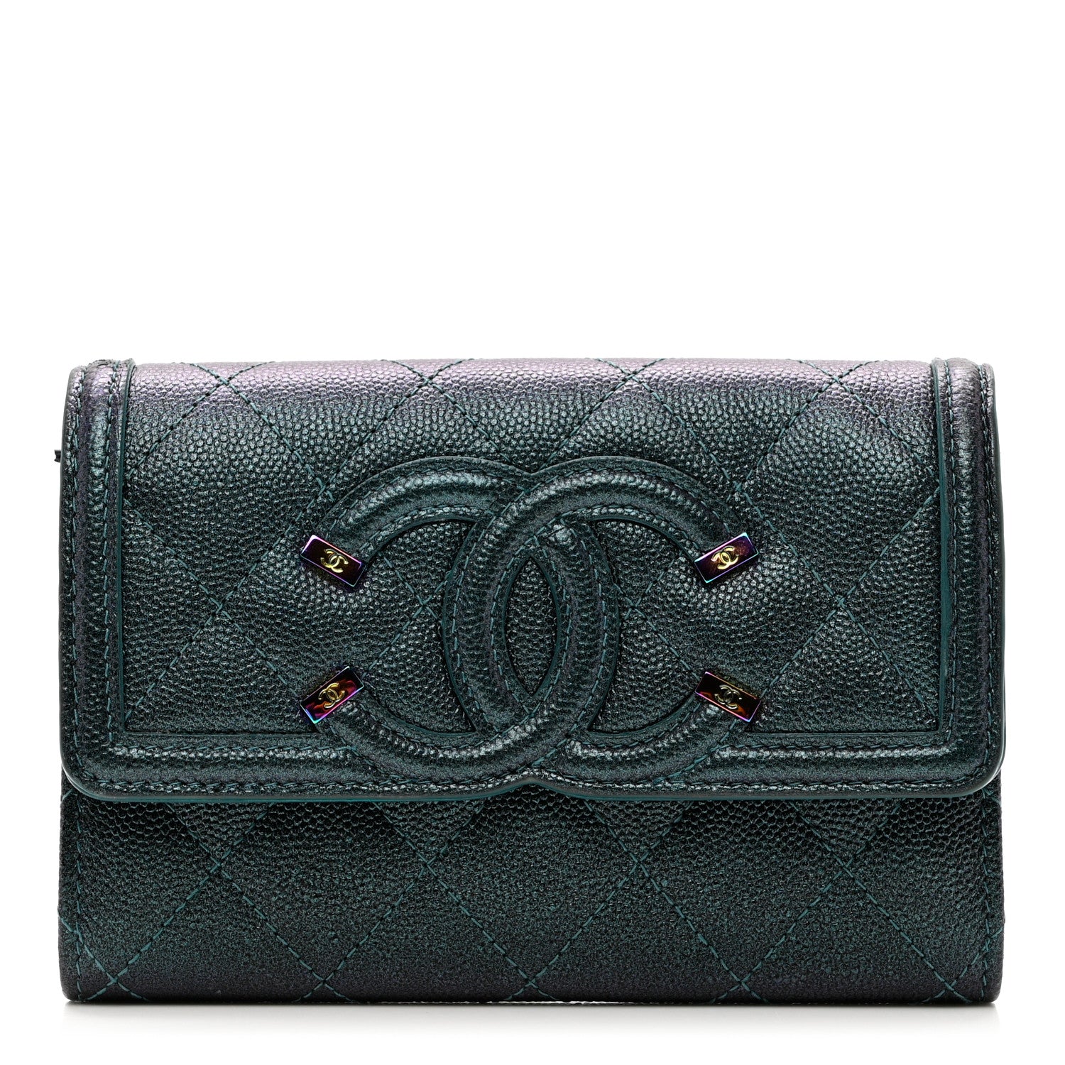Chanel Iridescent Caviar Quilted Medium Filigree Flap Wallet Dark Turquoise 1 of 11