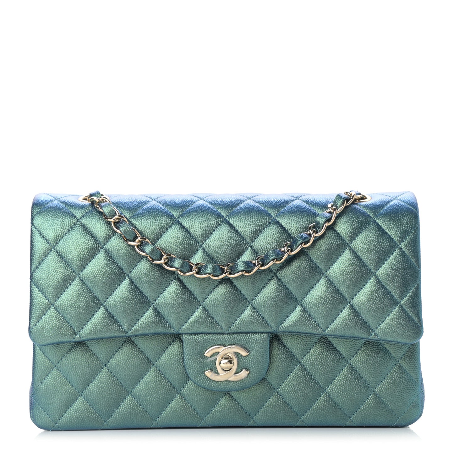 Iridescent Caviar Quilted Medium Double Flap Green
