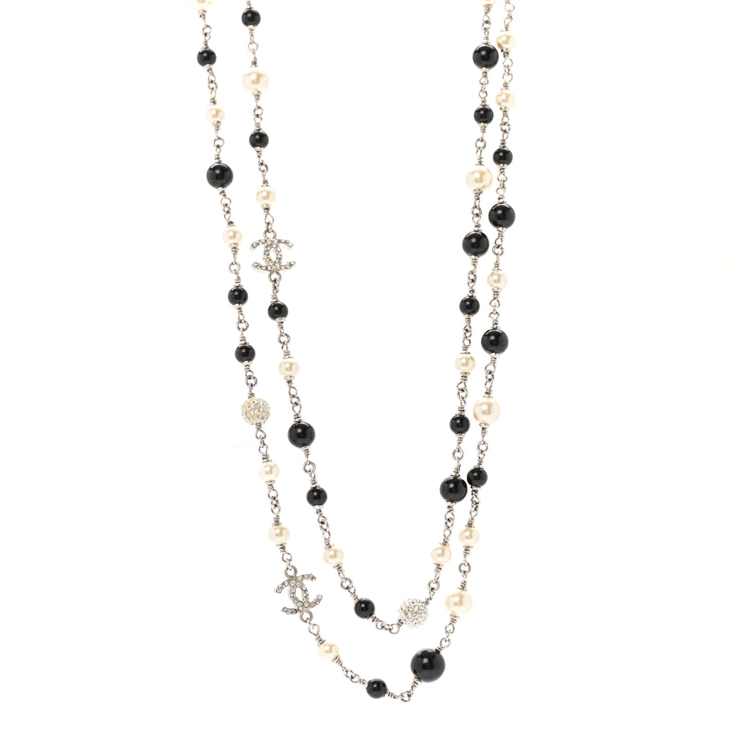 Pearl Crystal Bead CC Long Necklace Black