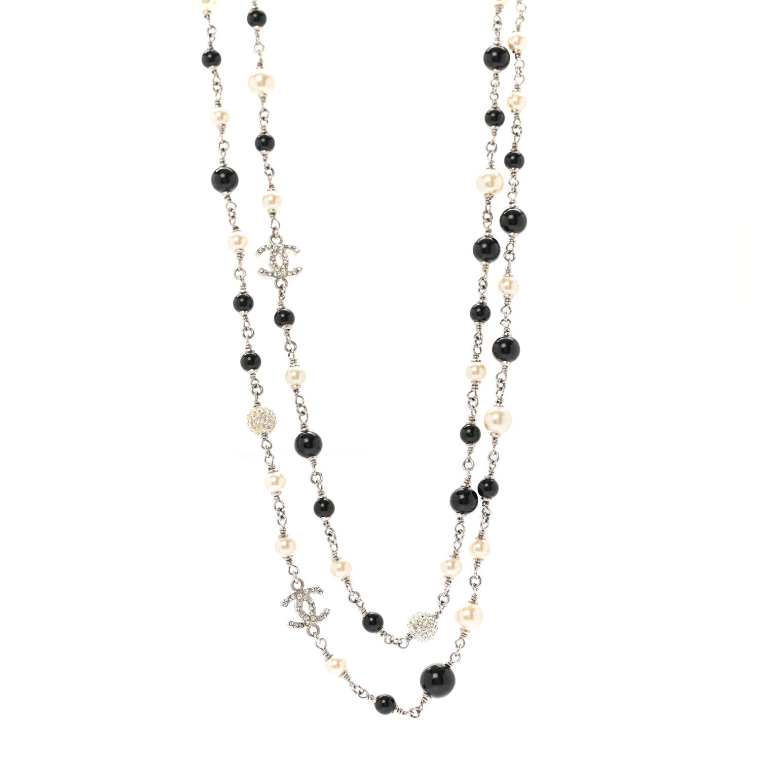 Chanel Pearl Crystal Bead CC Long Necklace Black 1 of 6