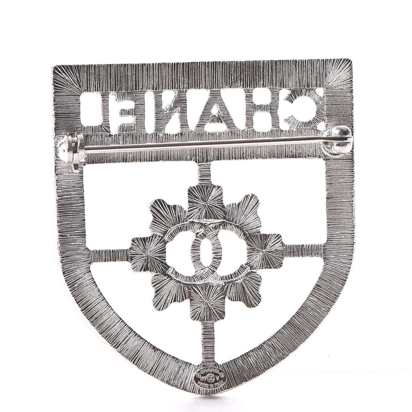 Swarovski Baguette Crystal CC Shield Brooch Silver