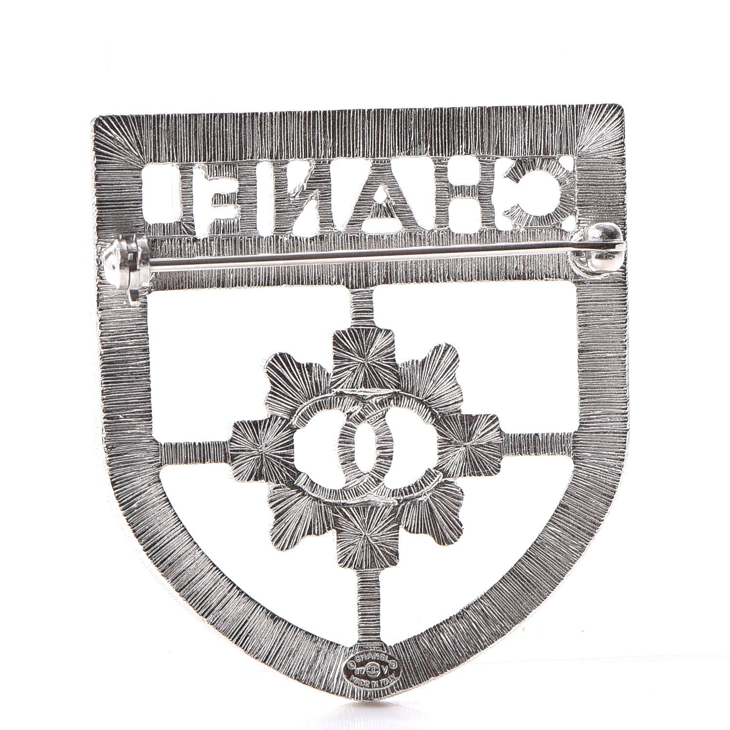 Chanel Swarovski Baguette Crystal CC Shield Brooch Silver 3 of 5