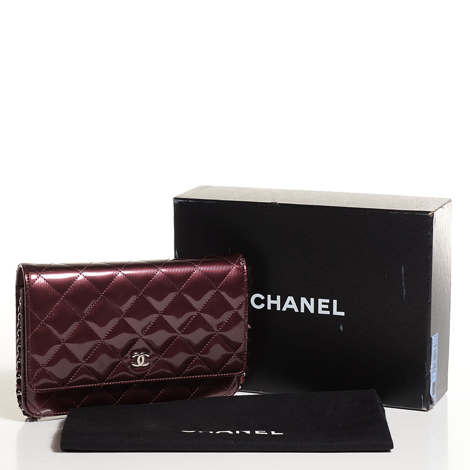 Chanel Striated Patent Quilted Wallet on Chain WOC Bordeaux 9 of 9