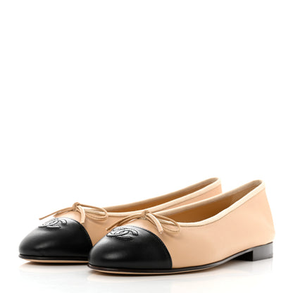 Chanel Lambskin Cap Toe CC Ballerina Flats 39 Beige Black 3 of 9