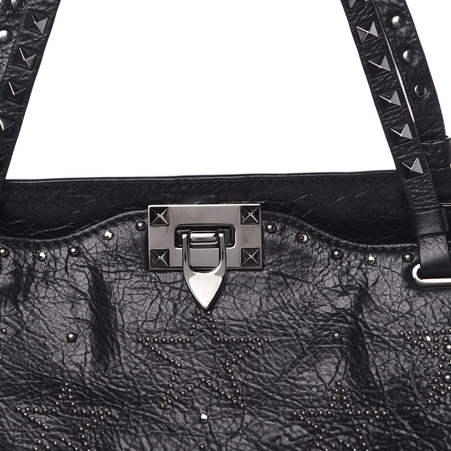 Craquele Calfskin Star Studded Medium Rockstud Tote Black