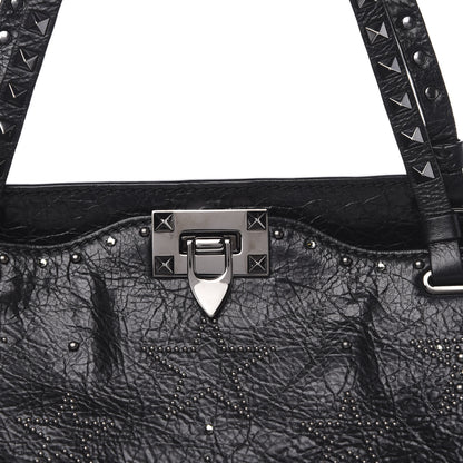 Valentino Garavani Craquele Calfskin Star Studded Medium Rockstud Tote Black 11 of 11