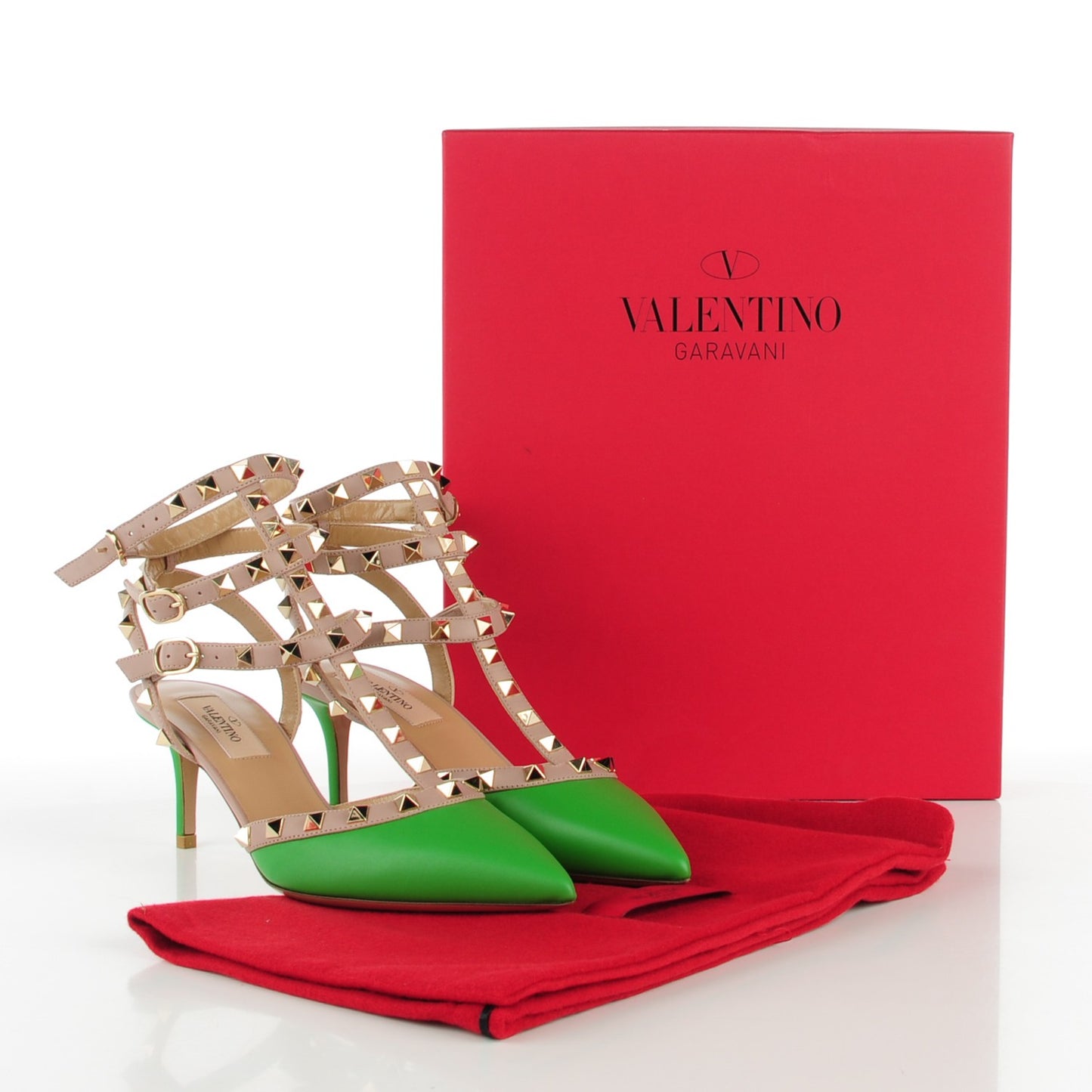 Calfskin Nappa Rockstud Ankle Strap 65mm Pumps 37 Green Poudre