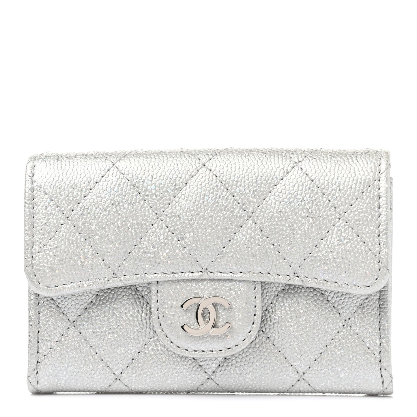 Metallic Caviar Quilted Flap Card Holder Wallet Silver