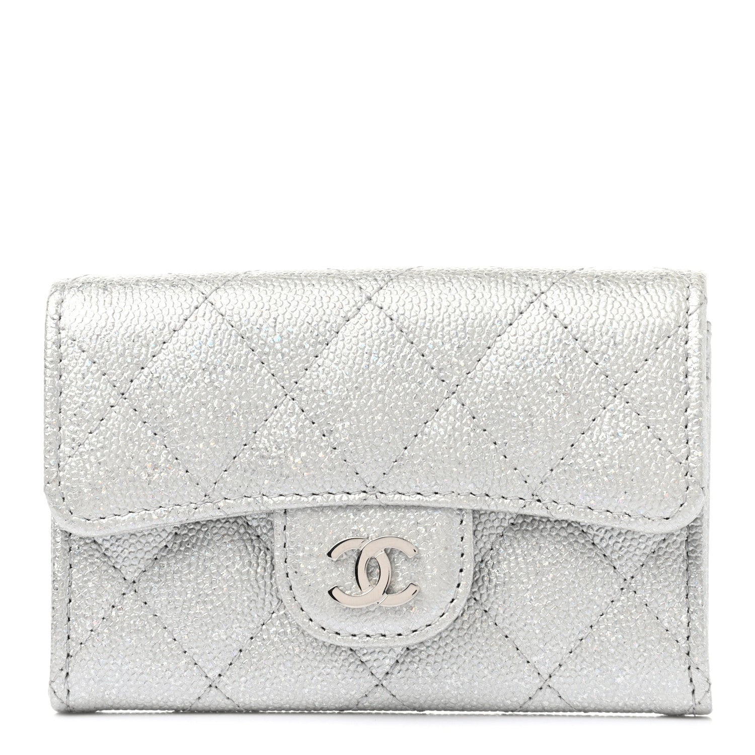 Chanel Metallic Caviar Quilted Flap Card Holder Wallet Silver 1 of 8