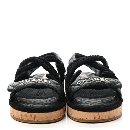 Chanel Cord Lambskin Quilted Logo Sandals 39 Black 2 of 9