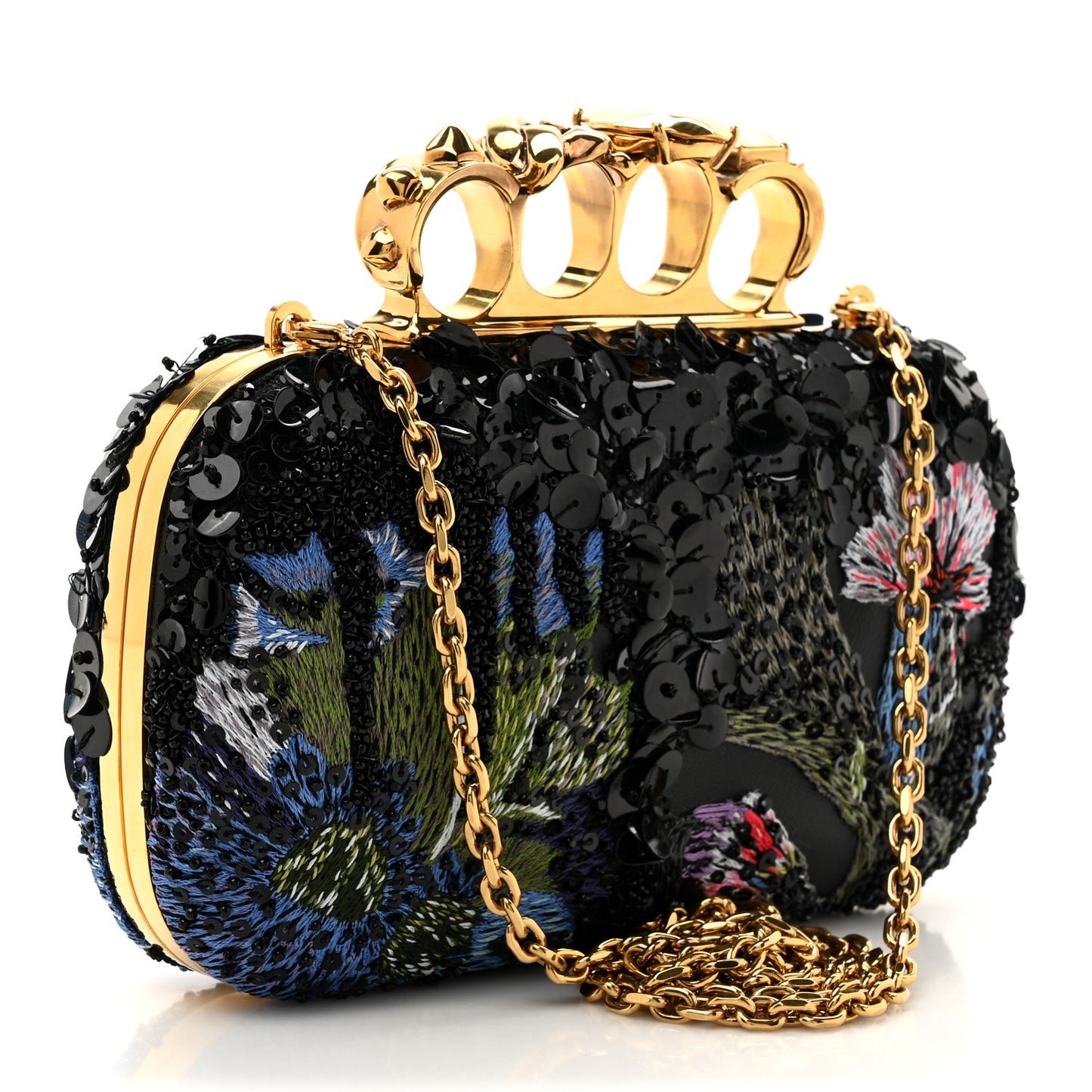 Nappa Embroidered Floral Knuckle Box Clutch Black Multicolor