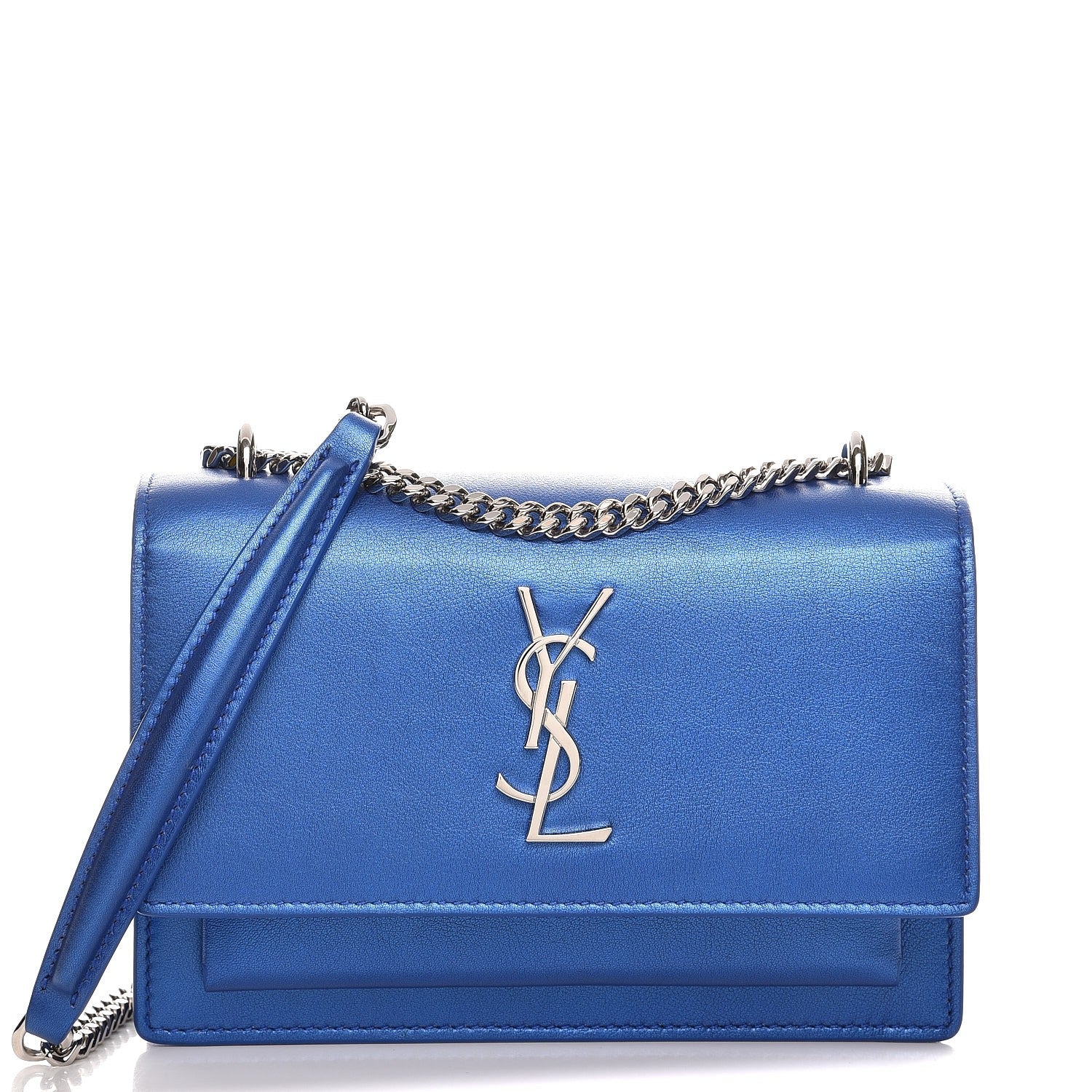 Saint Laurent Metallic Calfskin Monogram Sunset Chain Wallet Blue Royal 1 of 7