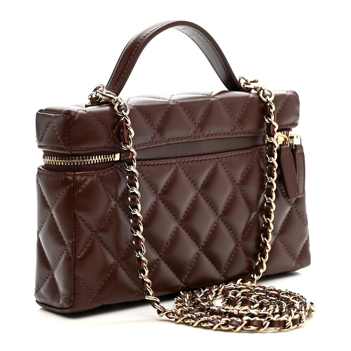 Lambskin Quilted Top Handle Slim Vanity With Chain Dark Brown