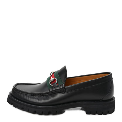 Gucci Cirano Lux Web Mens Horsebit Lug Sole Loafers 7.5 Black 1 of 8
