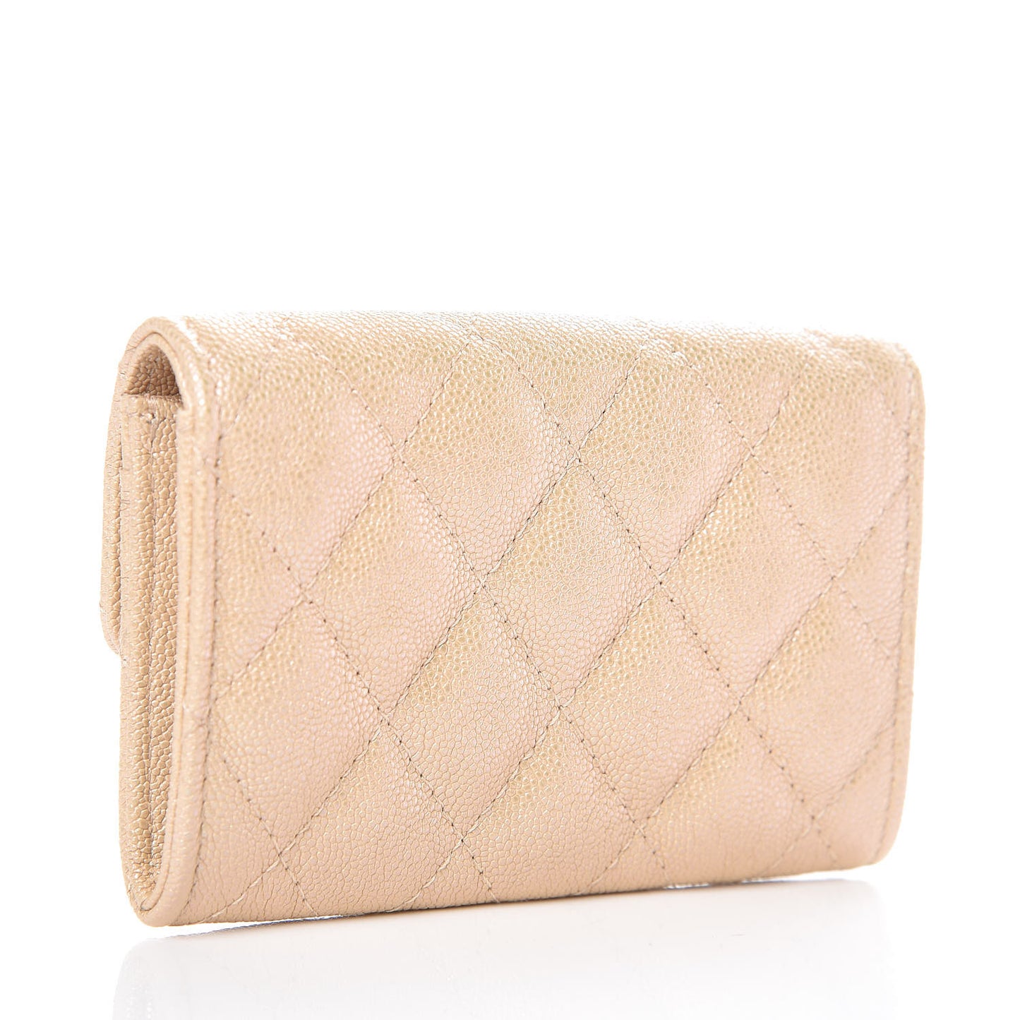 Iridescent Caviar Quilted Flap Card Holder Beige