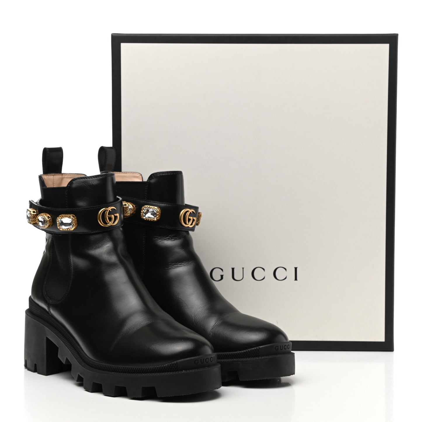 Calfskin Crystal GG Trip Chelsea Ankle Boots 39.5 Black