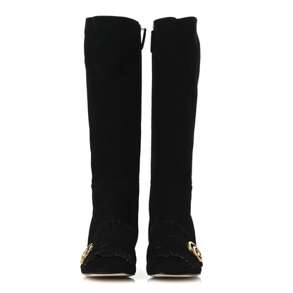 Gucci Kid Scamosciato GG Marmont Fringe Knee High Boots 39.5 Black 3 of 13