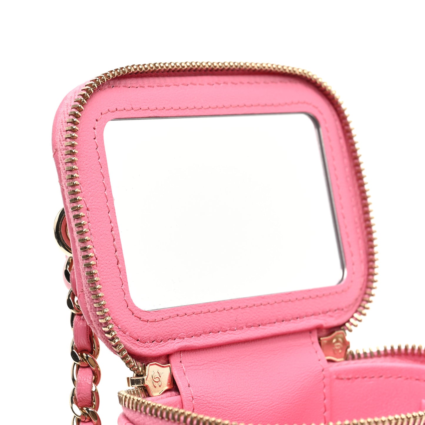 Lambskin Quilted Top Handle Mini Vanity Case With Chain Pink