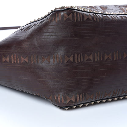 Valentino Garavani Calfskin Canvas Elephant Embossed Medium Rockstud Reversible Tote Brown 12 of 18