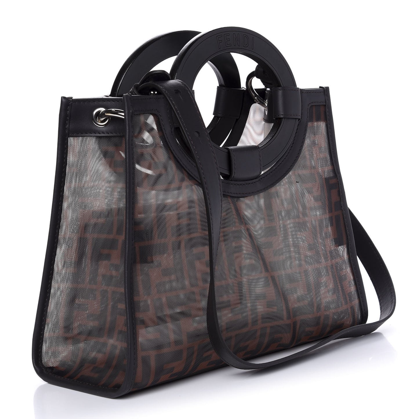 Mesh Vitello Century Cuoio FF 1974 Small Runaway Shopper Tote Marrone Black Ebano