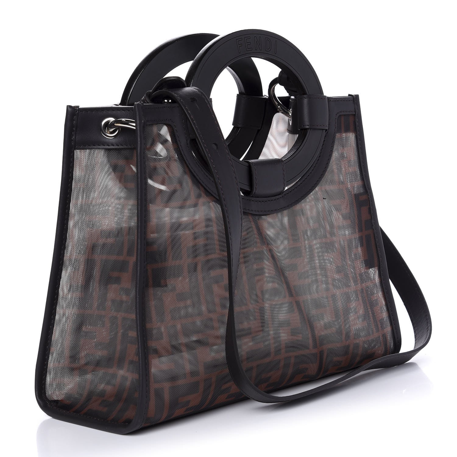 Fendi Mesh Vitello Century Cuoio FF 1974 Small Runaway Shopper Tote Marrone Black Ebano 3 of 9