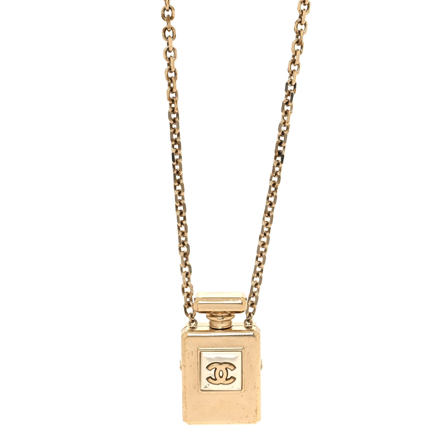 Chanel Metal Pearl Perfume Bottle CC Locket Necklace Gold 1 of 5