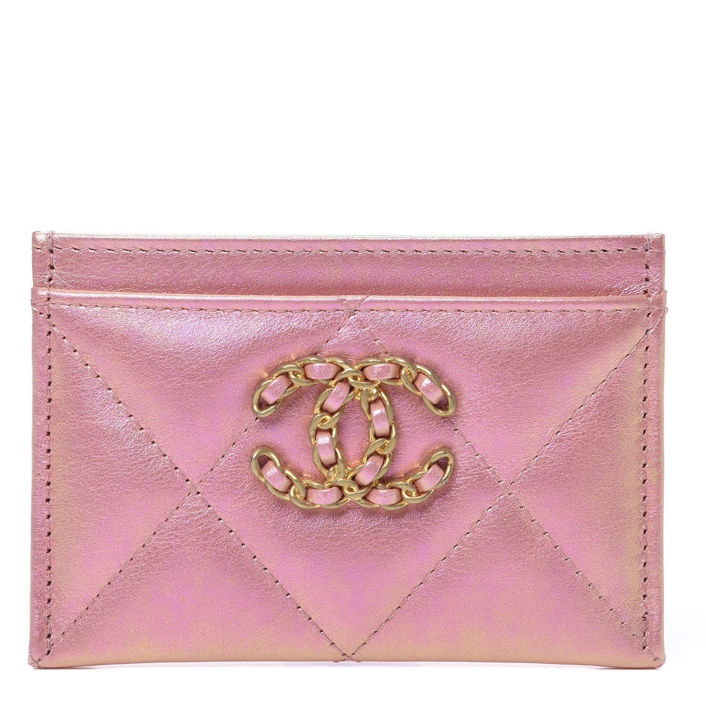 Iridescent Calfskin Quilted Chanel 19 Card Holder Pink