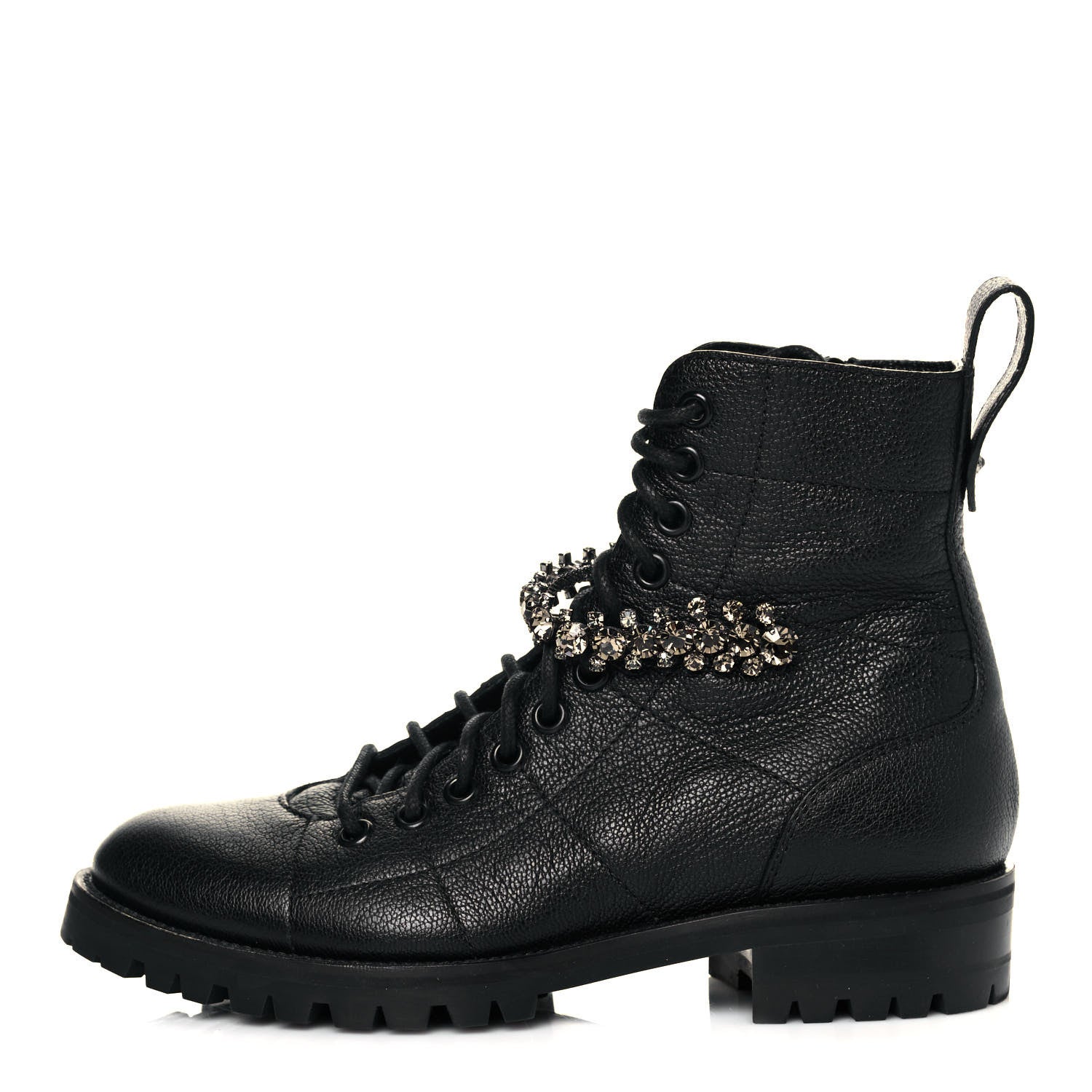 Jimmy Choo Grained Calfskin Crystal Embellished Cruz Combat Boots 35 Black 1 of 7