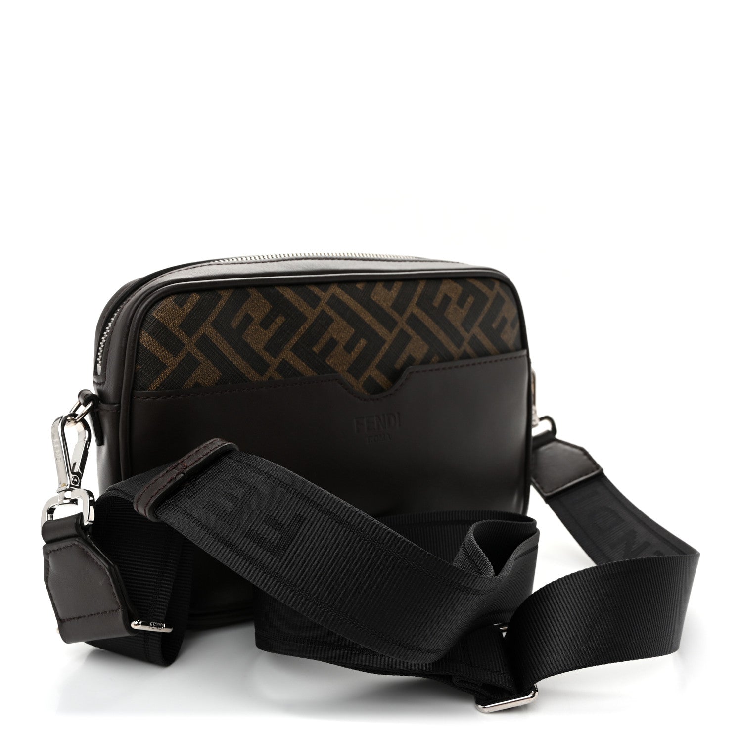 Fendi Shiny Glazed Fabric Vitello Cover FF 1974 Logo Medium Camera Case Tobacco Moro Giallo Ebano 3 of 10