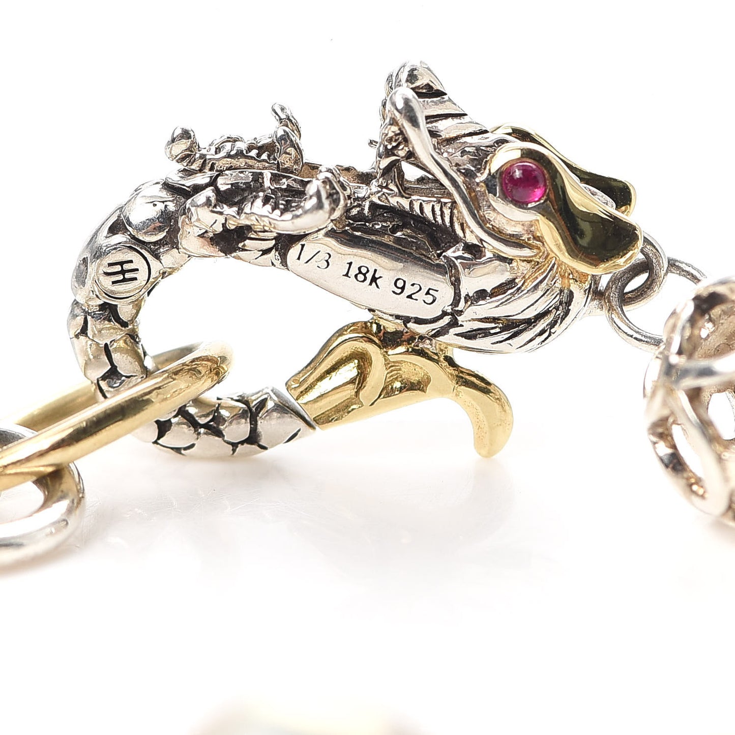 Sterling Silver 18K Yellow Gold Pearl Moonstone Ruby Naga Dragon Bracelet