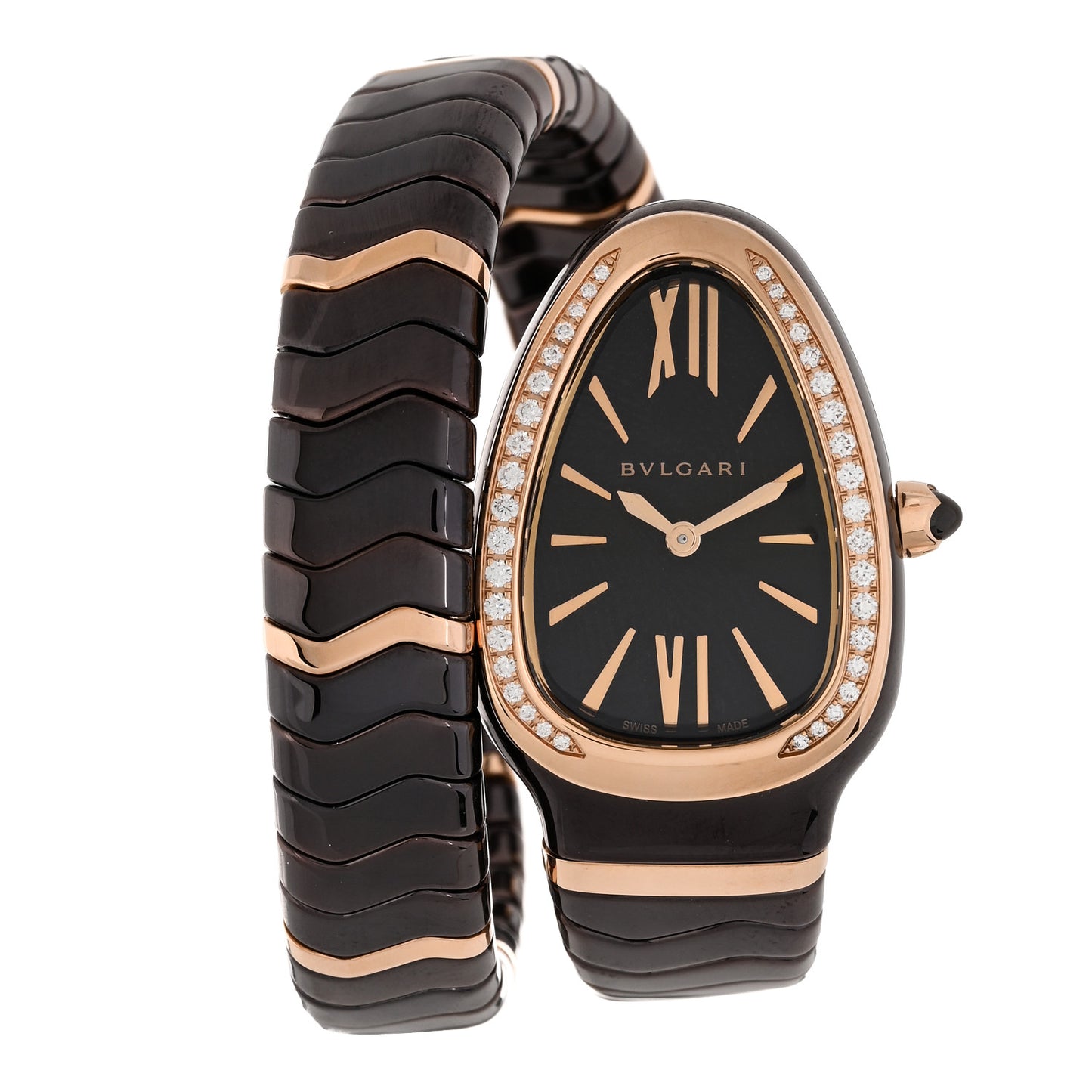 18K Rose Gold Ceramic Diamond Bezel 35mm Serpenti Tubogas Quartz Watch Black