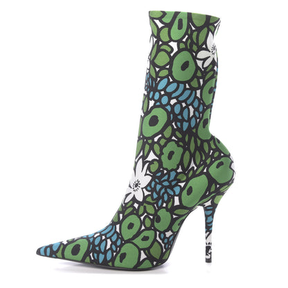Balenciaga Jersey Crepe Wild Flowers Extreme Pointed Toe Knife Booties 40 Emerald Green White 1 of 11