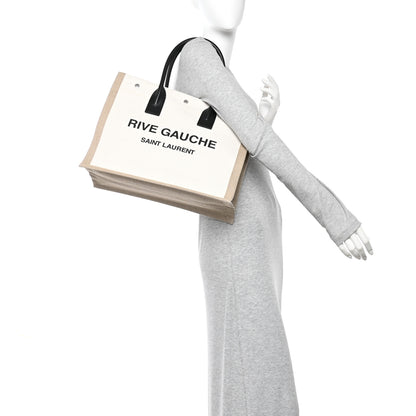 Saint Laurent Linen Calfskin Small Rive Gauche Tote Greggio Natural 2 of 9