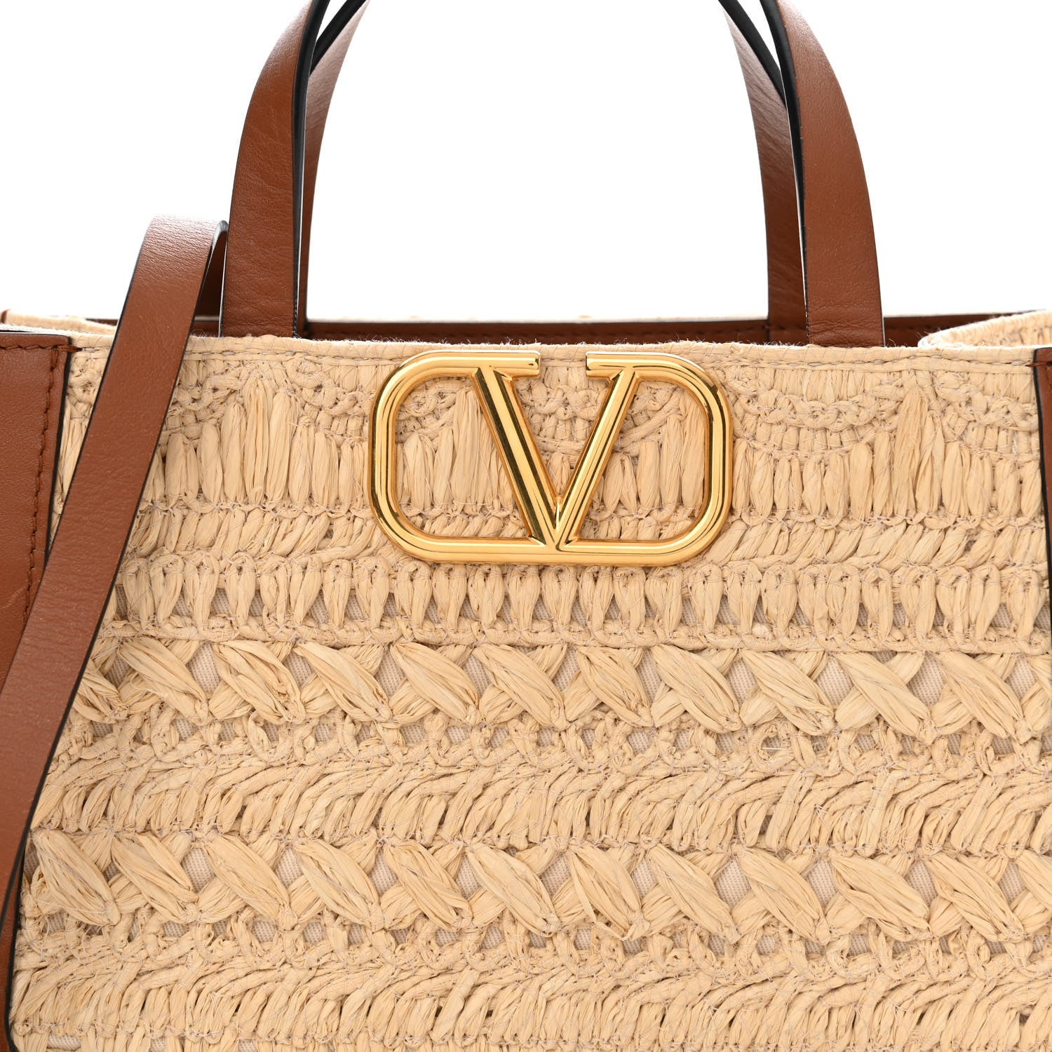 Valentino Garavani Raffia Calfskin Small Vlogo Signature Tote Natural Saddle Brown 7 of 13