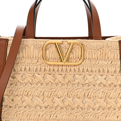 Valentino Garavani Raffia Calfskin Small Vlogo Signature Tote Natural Saddle Brown 7 of 13