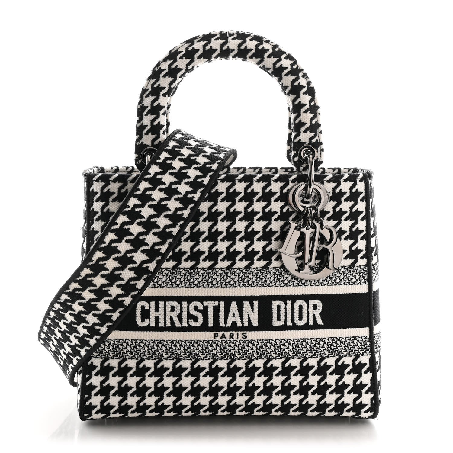 Christian Dior Canvas Houndstooth Embroidered Medium Lady D-Lite Black White 1 of 12